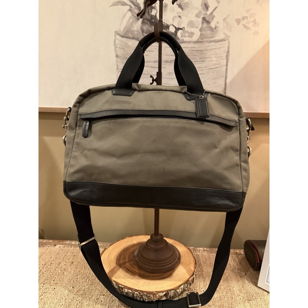 Coach Camden Canvas Supply Bag Briefcase Laptop Crossbody  olive & Black Leather